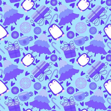 Noel ağacı ve hediye kutusu, kağıt, kumaş, çarşaf, çocuk giysisi baskısı, parti aksesuarları ve yeni yıl paketleri için kusursuz penguen deseni. Yüksek kaliteli illüstrasyon