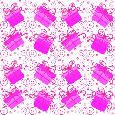 Karikatür doğum günü hediye kutusu, dikiş düğmeleri, kumaşlar, ambalaj kağıtları, çocuk kıyafetleri, parti aksesuarları ve Noel tekstili. Yüksek kaliteli illüstrasyon