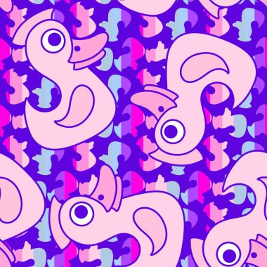 Çizgi filmlerdeki kuşlar kağıt, kumaş, çarşaf, çocuk kıyafeti, yaz baskısı ve parti aksesuarları için kusursuz ördek desenleri. Yüksek kaliteli illüstrasyon