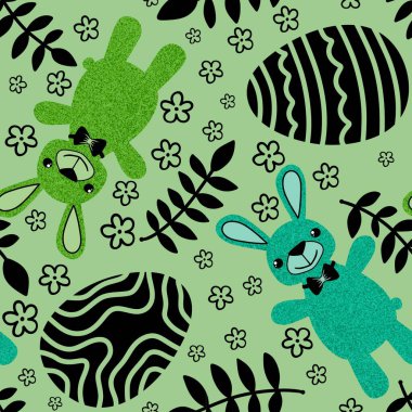 Paskalya hayvanlarının tavşanları kağıt, kumaş ve çarşaf sarmak için kusursuz tavşan desenleri ve çocuk giysileri baskısı ve şenlikli ambalajlar ve parti aksesuarları. Yüksek kaliteli illüstrasyon