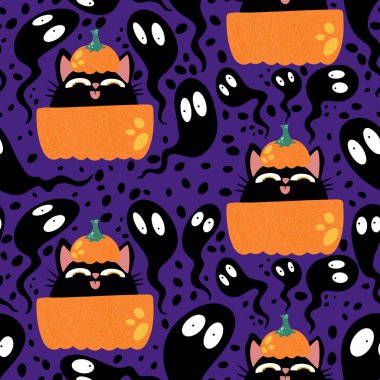 Cadılar Bayramı kedileri kağıt, kumaş, çarşaf ve çocuk giysileri tekstil ve sonbahar baskısı ve parti aksesuarları için kusursuz balkabağı desenleri. Yüksek kaliteli illüstrasyon