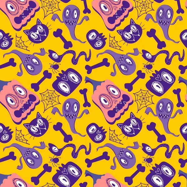 Autumn cartoon doodle print seamless Halloween pumpkins and ghost and cat and skulls and bones pattern for wrapping paper and fabrics and kids clothes and party accessories. High quality illustration
