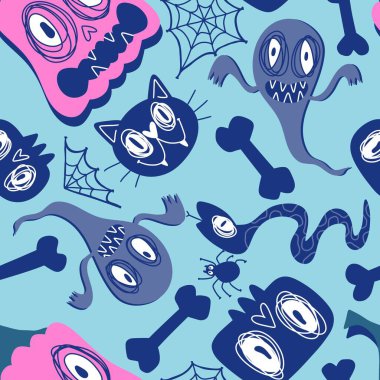 Sonbahar karikatür karikatür baskısı dikişsiz Cadılar Bayramı balkabakları, hayalet, kedi, kafatası ve kağıt, kumaş, çocuk kıyafetleri ve parti aksesuarları için kemik deseni. Yüksek kaliteli illüstrasyon