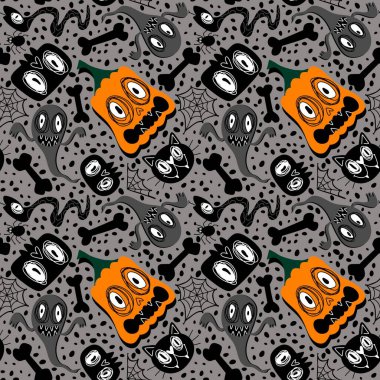 Sonbahar karikatür karikatür baskısı dikişsiz Cadılar Bayramı balkabakları, hayalet, kedi, kafatası ve kağıt, kumaş, çocuk kıyafetleri ve parti aksesuarları için kemik deseni. Yüksek kaliteli illüstrasyon