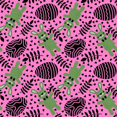 Paskalya hayvanlarının tavşanları kağıt, kumaş ve çarşaf sarmak için kusursuz tavşan desenleri ve çocuk giysileri baskısı ve şenlikli ambalajlar ve parti aksesuarları. Yüksek kaliteli illüstrasyon