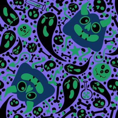 Cadılar Bayramı canavarları dikişsiz balkabakları, hayalet ve kemik desenleri kağıt, kumaş, çarşaf ve çocuk giysileri baskısı, şenlik ambalajı ve sonbahar. Yüksek kaliteli illüstrasyon