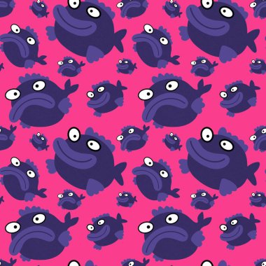 Çizgi filmlerdeki deniz hayvanları kağıt, kumaş, çarşaf, çocuk kıyafeti, yaz baskısı, parti aksesuarları ve moda tekstili için kusursuz balık desenleri. Yüksek kaliteli illüstrasyon