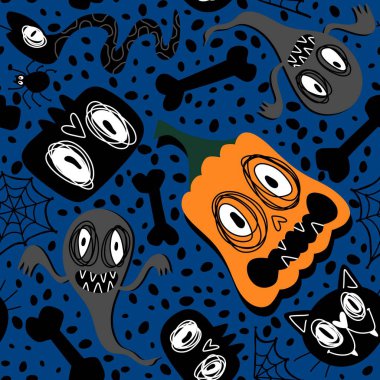 Sonbahar karikatür karikatür baskısı dikişsiz Cadılar Bayramı balkabakları, hayalet, kedi, kafatası ve kağıt, kumaş, çocuk kıyafetleri ve parti aksesuarları için kemik deseni. Yüksek kaliteli illüstrasyon