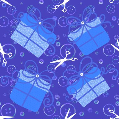 Karikatür doğum günü hediye kutusu, dikiş düğmeleri, kumaşlar, ambalaj kağıtları, çocuk kıyafetleri, parti aksesuarları ve Noel tekstili. Yüksek kaliteli illüstrasyon