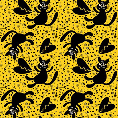 Çizgi filmlerdeki cadılar bayramı hayvanları, kağıt, kumaş, çarşaf ve çocuk giysileri baskısı, parti aksesuarları ve Ekim ambalajı için kusursuz kediler ve balık kemikleri desenleri. Yüksek kaliteli illüstrasyon