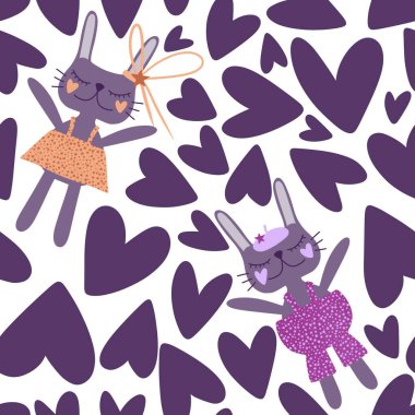 Karikatür hayvanları, doğum günü ambalajları, parti aksesuarları, kumaşlar, çocuk kıyafetleri, çarşaflar ve moda tekstili için kusursuz tavşan desenleri. Yüksek kaliteli illüstrasyon