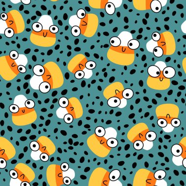 Çizgi film cadılar bayramı şeker canavarları kağıt, kumaş, çarşaf ve çocuk giysileri baskısı ve parti aksesuarları ve paketleme için kusursuz şekerleme kalıpları. Yüksek kaliteli illüstrasyon