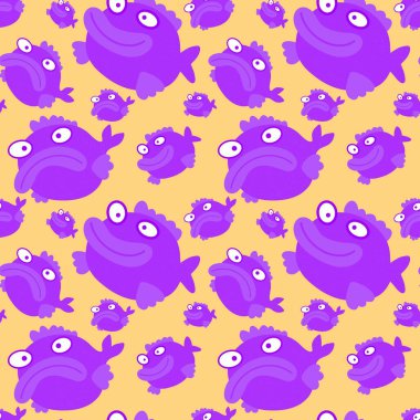 Çizgi filmlerdeki deniz hayvanları kağıt, kumaş, çarşaf, çocuk kıyafeti, yaz baskısı, parti aksesuarları ve moda tekstili için kusursuz balık desenleri. Yüksek kaliteli illüstrasyon