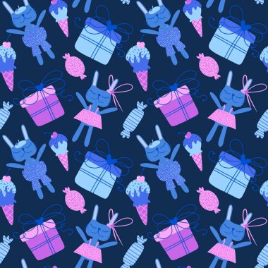 Karikatür hayvanları, doğum günü ambalajları, parti aksesuarları, kumaşlar, çocuk kıyafetleri, çarşaflar ve moda tekstili için kusursuz tavşan desenleri. Yüksek kaliteli illüstrasyon