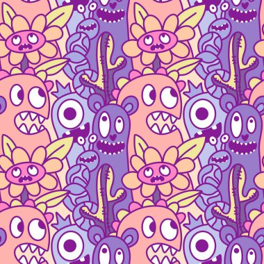 Çizgi filmlerde cadılar bayramı uzaylıları, kağıt, kumaş, çarşaf, çocuk kıyafetleri ve parti aksesuarları için kusursuz canavar desenleri çizerler. Yüksek kaliteli illüstrasyon