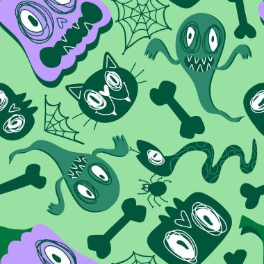 Sonbahar karikatür karikatür baskısı dikişsiz Cadılar Bayramı balkabakları, hayalet, kedi, kafatası ve kağıt, kumaş, çocuk kıyafetleri ve parti aksesuarları için kemik deseni. Yüksek kaliteli illüstrasyon