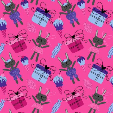 Karikatür hayvanları, doğum günü ambalajları, parti aksesuarları, kumaşlar, çocuk kıyafetleri, çarşaflar ve moda tekstili için kusursuz tavşan desenleri. Yüksek kaliteli illüstrasyon