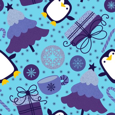 Noel ağacı ve hediye kutusu, kağıt, kumaş, çarşaf, çocuk giysisi baskısı, parti aksesuarları ve yeni yıl paketleri için kusursuz penguen deseni. Yüksek kaliteli illüstrasyon