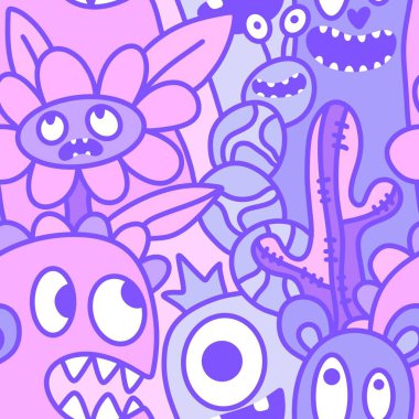 Çizgi filmlerde cadılar bayramı uzaylıları, kağıt, kumaş, çarşaf, çocuk kıyafetleri ve parti aksesuarları için kusursuz canavar desenleri çizerler. Yüksek kaliteli illüstrasyon