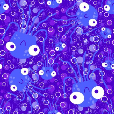 Çizgi filmlerdeki deniz hayvanları yaz baskısı, kumaşlar, çarşaflar çocuk giysileri, parti aksesuarları ve mayo tekstil ürünleri için kusursuz desenler. Yüksek kaliteli illüstrasyon