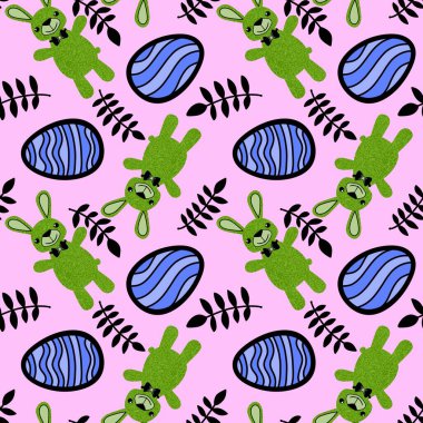 Paskalya hayvanlarının tavşanları kağıt, kumaş ve çarşaf sarmak için kusursuz tavşan desenleri ve çocuk giysileri baskısı ve şenlikli ambalajlar ve parti aksesuarları. Yüksek kaliteli illüstrasyon