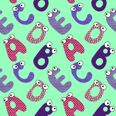 Kağıt, kumaş, çarşaf, çocuk kıyafetleri, sonbahar baskısı, parti aksesuarları ve okul ambalajları için çizgi film alfabesiz anaokulu deseni. Yüksek kaliteli illüstrasyon