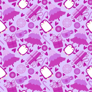 Noel ağacı ve hediye kutusu, kağıt, kumaş, çarşaf, çocuk giysisi baskısı, parti aksesuarları ve yeni yıl paketleri için kusursuz penguen deseni. Yüksek kaliteli illüstrasyon