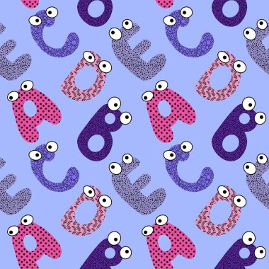 Kağıt, kumaş, çarşaf, çocuk kıyafetleri, sonbahar baskısı, parti aksesuarları ve okul ambalajları için çizgi film alfabesiz anaokulu deseni. Yüksek kaliteli illüstrasyon