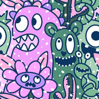 Çizgi filmlerde cadılar bayramı uzaylıları, kağıt, kumaş, çarşaf, çocuk kıyafetleri ve parti aksesuarları için kusursuz canavar desenleri çizerler. Yüksek kaliteli illüstrasyon