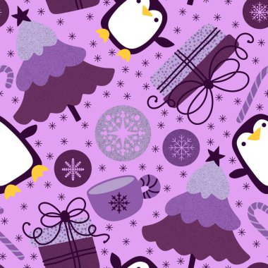 Noel ağacı ve hediye kutusu, kağıt, kumaş, çarşaf, çocuk giysisi baskısı, parti aksesuarları ve yeni yıl paketleri için kusursuz penguen deseni. Yüksek kaliteli illüstrasyon