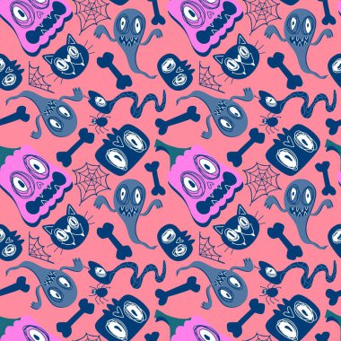 Sonbahar karikatür karikatür baskısı dikişsiz Cadılar Bayramı balkabakları, hayalet, kedi, kafatası ve kağıt, kumaş, çocuk kıyafetleri ve parti aksesuarları için kemik deseni. Yüksek kaliteli illüstrasyon