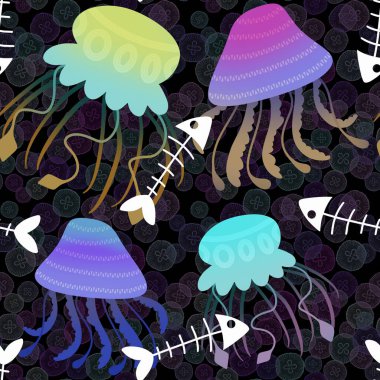 Çizgi filmlerdeki deniz hayvanları yaz baskısı, kumaşlar, çarşaflar çocuk giysileri, parti aksesuarları ve mayo tekstil ürünleri için kusursuz desenler. Yüksek kaliteli illüstrasyon