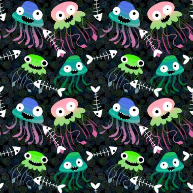 Çizgi filmlerdeki deniz hayvanları yaz baskısı, kumaşlar, çarşaflar çocuk giysileri, parti aksesuarları ve mayo tekstil ürünleri için kusursuz desenler. Yüksek kaliteli illüstrasyon