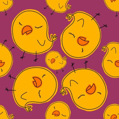 Çizgi film Doodle Paskalya Tavuğu ve Yumurta deseni kağıt, kumaş, çarşaf ve çocuk giysileri baskısı ve mutfak tekstili için. Yüksek kaliteli illüstrasyon