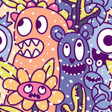 Çizgi filmlerde cadılar bayramı uzaylıları, kağıt, kumaş, çarşaf, çocuk kıyafetleri ve parti aksesuarları için kusursuz canavar desenleri çizerler. Yüksek kaliteli illüstrasyon