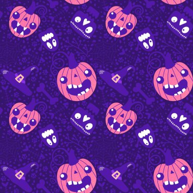 Çizgi film cadılar bayramı balkabakları, kusursuz hayaletler, kafatasları, kemikler, ağ ve kumaşlar, çocuk kıyafetleri ve parti aksesuarları için cadı şapkası desenleri. Yüksek kaliteli illüstrasyon