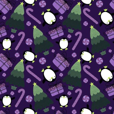 Noel ağacı ve hediye kutusu, kağıt, kumaş, çarşaf, çocuk giysisi baskısı, parti aksesuarları ve yeni yıl paketleri için kusursuz penguen deseni. Yüksek kaliteli illüstrasyon