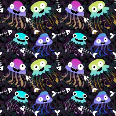 Çizgi filmlerdeki deniz hayvanları yaz baskısı, kumaşlar, çarşaflar çocuk giysileri, parti aksesuarları ve mayo tekstil ürünleri için kusursuz desenler. Yüksek kaliteli illüstrasyon