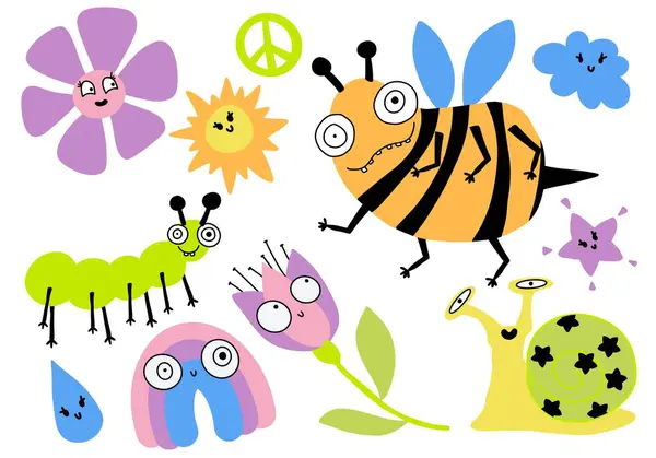Cartoon summer print seamless bee and flower and sun and clouds and peace sign pattern for wrapping paper and fabrics and linens and kids clothes and party accessories. High quality illustration