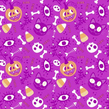 Sonbahar çizgi filmi Cadılar Bayramı canavarları dikişsiz balkabakları, kediler, gözler ve kemik desenleri kağıt, kumaş, çarşaf ve çocuk resimleri ve parti aksesuarları. Yüksek kaliteli illüstrasyon