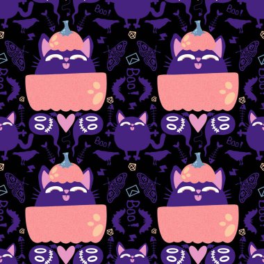 Cadılar Bayramı kedileri kağıt, kumaş, çarşaf ve çocuk giysileri tekstil ve sonbahar baskısı ve parti aksesuarları için kusursuz balkabağı desenleri. Yüksek kaliteli illüstrasyon