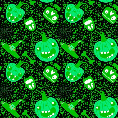 Çizgi film cadılar bayramı balkabakları, kusursuz hayaletler, kafatasları, kemikler, ağ ve kumaşlar, çocuk kıyafetleri ve parti aksesuarları için cadı şapkası desenleri. Yüksek kaliteli illüstrasyon