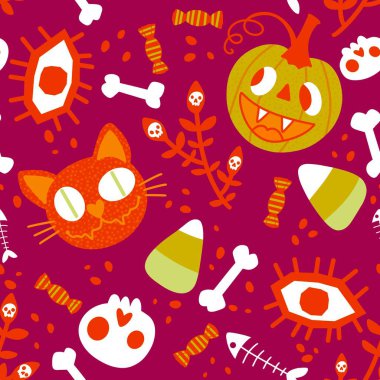 Sonbahar çizgi filmi Cadılar Bayramı canavarları dikişsiz balkabakları, kediler, gözler ve kemik desenleri kağıt, kumaş, çarşaf ve çocuk resimleri ve parti aksesuarları. Yüksek kaliteli illüstrasyon