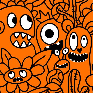 Çizgi filmlerde cadılar bayramı uzaylıları, kağıt, kumaş, çarşaf, çocuk kıyafetleri ve parti aksesuarları için kusursuz canavar desenleri çizerler. Yüksek kaliteli illüstrasyon