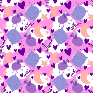 Çizgi filmlerdeki hayvanlar kağıt, kumaş, çarşaf, çocuk kıyafetleri, yaz baskısı ve parti aksesuarları için kusursuz koyun desenleri. Yüksek kaliteli illüstrasyon