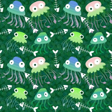 Çizgi filmlerdeki deniz hayvanları yaz baskısı, kumaşlar, çarşaflar çocuk giysileri, parti aksesuarları ve mayo tekstil ürünleri için kusursuz desenler. Yüksek kaliteli illüstrasyon