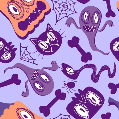 Sonbahar karikatür karikatür baskısı dikişsiz Cadılar Bayramı balkabakları, hayalet, kedi, kafatası ve kağıt, kumaş, çocuk kıyafetleri ve parti aksesuarları için kemik deseni. Yüksek kaliteli illüstrasyon