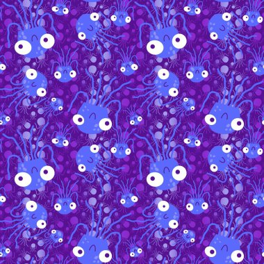 Çizgi filmlerdeki deniz hayvanları yaz baskısı, kumaşlar, çarşaflar çocuk giysileri, parti aksesuarları ve mayo tekstil ürünleri için kusursuz desenler. Yüksek kaliteli illüstrasyon