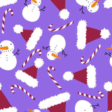 Çizgi film Noel kardan adam ve Noel Baba şapkası desenli ambalaj kağıdı, kumaş, çarşaf ve çocuk giysileri baskısı ve parti aksesuarları ve yeni yıl paketleri. Yüksek kaliteli illüstrasyon