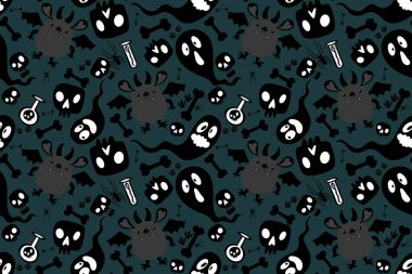 Cadılar Bayramı çizgi filmlerinde kusursuz hayaletler, kemikler, kağıt ve kumaşlar için zehir örnekleri, çocuk giysileri, tekstil ürünleri, Ekim baskısı ve parti aksesuarları. Yüksek kaliteli illüstrasyon